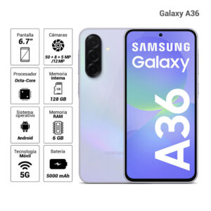 Celular Samsung Galaxy A36 5G 128GB, 6GB RAM, cámara principal 50MP + 8MP + 5MP, frontal 12MP, 6.7", lavanda