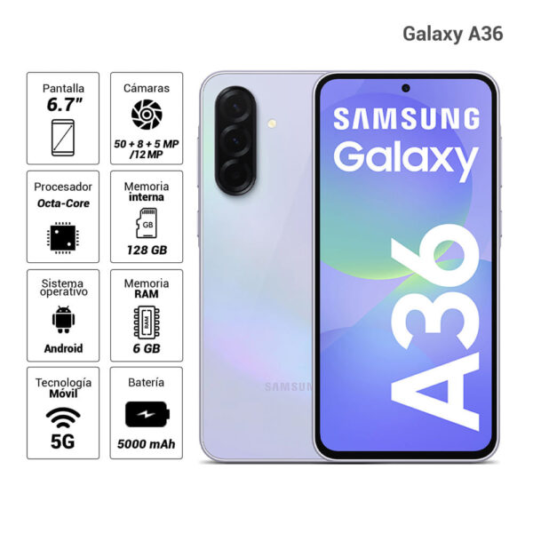 Celular Samsung Galaxy A36 5G 128GB, 6GB RAM, cámara principal 50MP + 8MP + 5MP, frontal 12MP, 6.7", lavanda