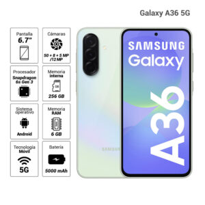 Celular Samsung Galaxy A36 5G 256GB, 6GB RAM, cámara principal 50MP+8MP +5MP, frontal 12 MP, 6.7", awesome lime