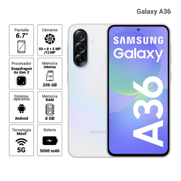 Celular Samsung Galaxy A36 5G 256GB, 6GB RAM, cámara principal 50MP+8MP +5MP, frontal 12 MP, 6.7", blanco