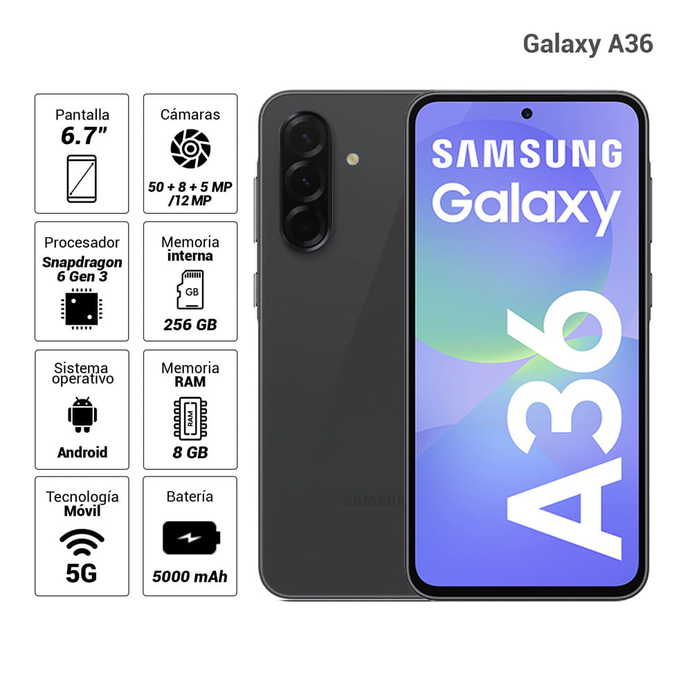 Celular Samsung Galaxy A36 5G 256GB, 8GB RAM, cámara principal 50MP + 8MP + 5MP, frontal 12MP, 6.7", negro