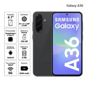 Celular Samsung Galaxy A36 5G 256GB, cámara principal 50MP + 8MP + 5MP, frontal 12MP, AMOLED, 6.7", negro