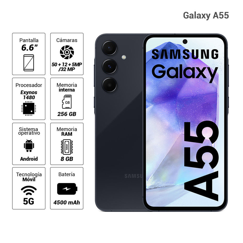 Celular Samsung Galaxy A55 5G 8GB RAM, 256GB, cámara principal 50MP+12MP+5MP, frontal 32MP, negro