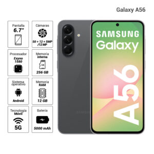 Celular Samsung Galaxy A56 5G 256GB, 12GB RAM, cámara principal 50MP+12MP+5MP, frontal 12MP, 6.7", graphite