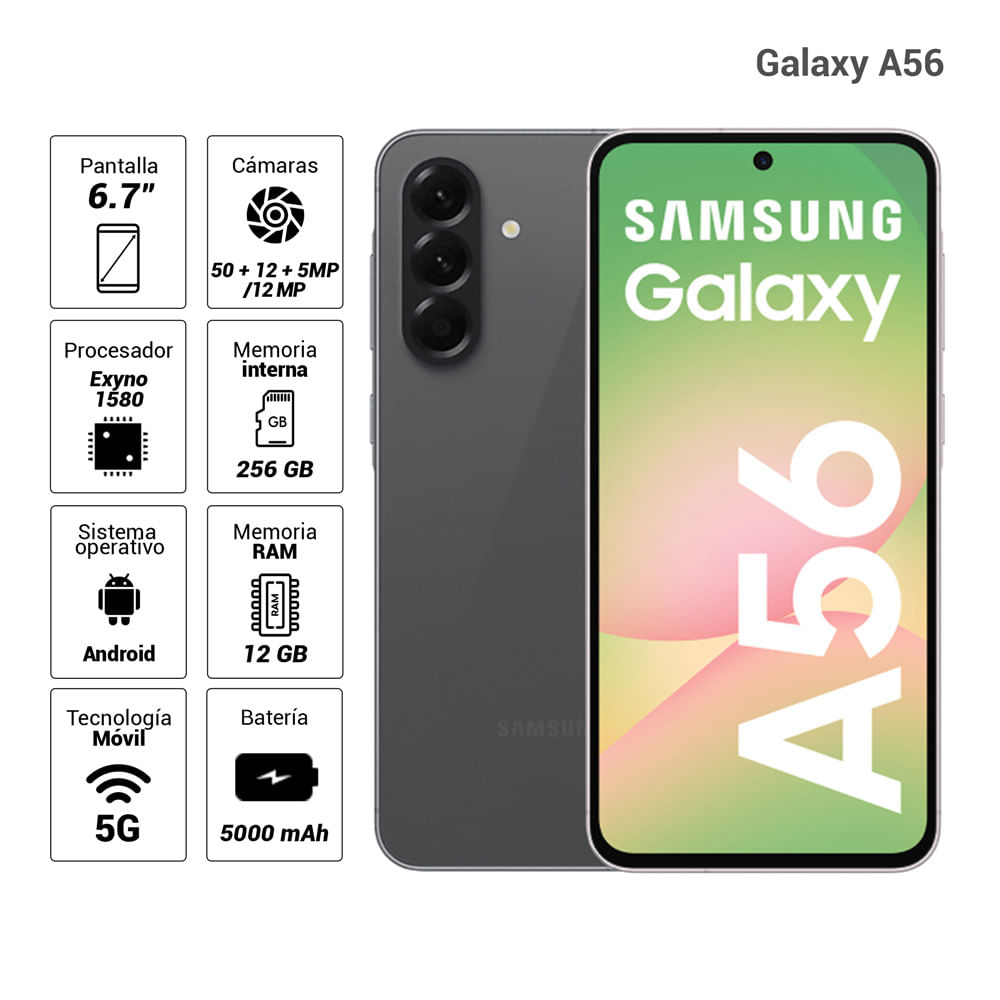 Celular Samsung Galaxy A56 5G 256GB, 12GB RAM, cámara principal 50MP+12MP+5MP, frontal 12MP, 6.7", graphite