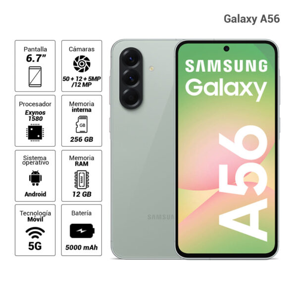 Celular Samsung Galaxy A56 5G 256GB, 12GB RAM, cámara principal 50MP+12MP+5MP, frontal 12MP, 6.7", olive