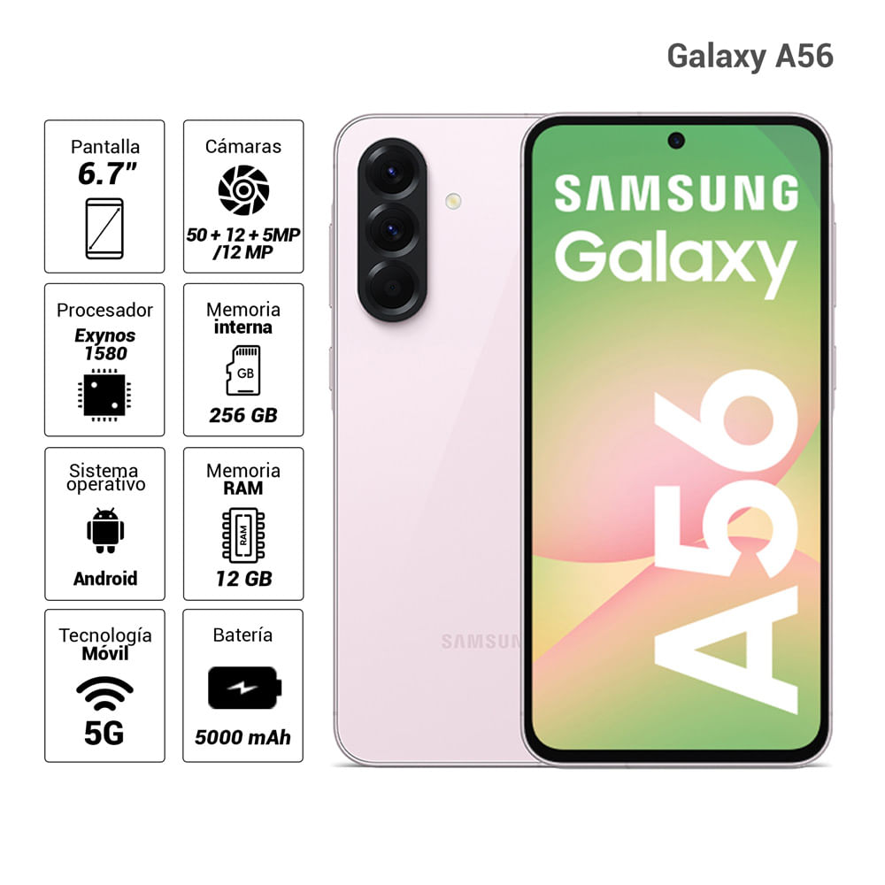 Celular Samsung Galaxy A56 5G 256GB, 12GB RAM, cámara principal 50MP+12MP+5MP, frontal 12MP, rosado