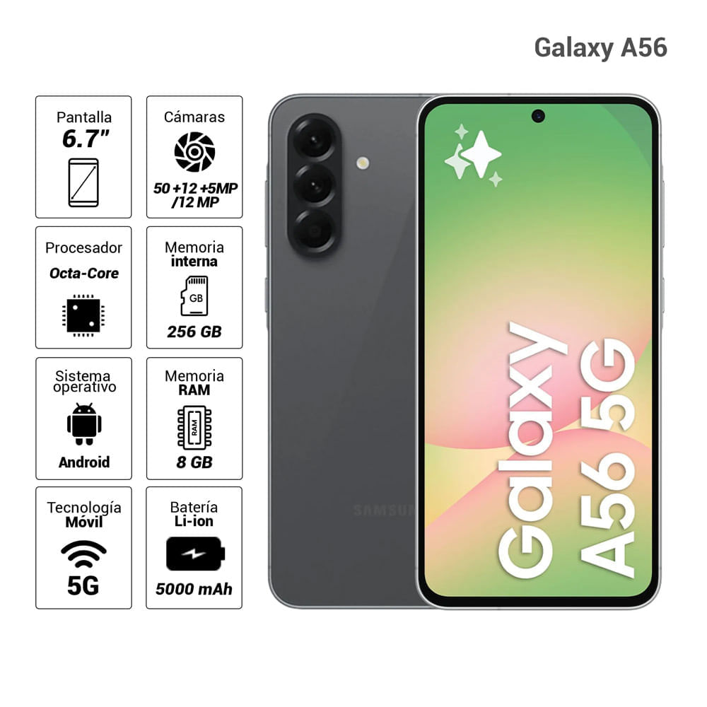 Celular Samsung Galaxy A56 5G 256GB, 8GB RAM, cámara principal 50MP + 12MP + 5MP, frontal 12MP, 6.7", negro