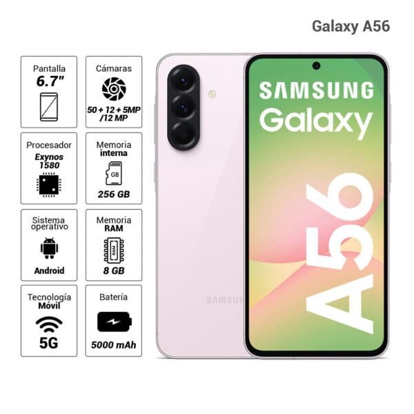 Celular Samsung Galaxy A56 5G 256GB, 8GB RAM, cámara principal 50MP + 12MP + 5MP, frontal 12MP, 6.7", rosado