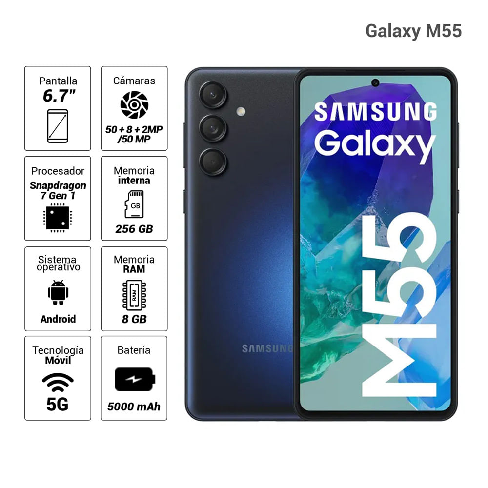 Celular Samsung Galaxy M55 5G 256GB, Dual SIM, 8GB RAM, cámara 50+8+2MP, frontal 50MP, negro