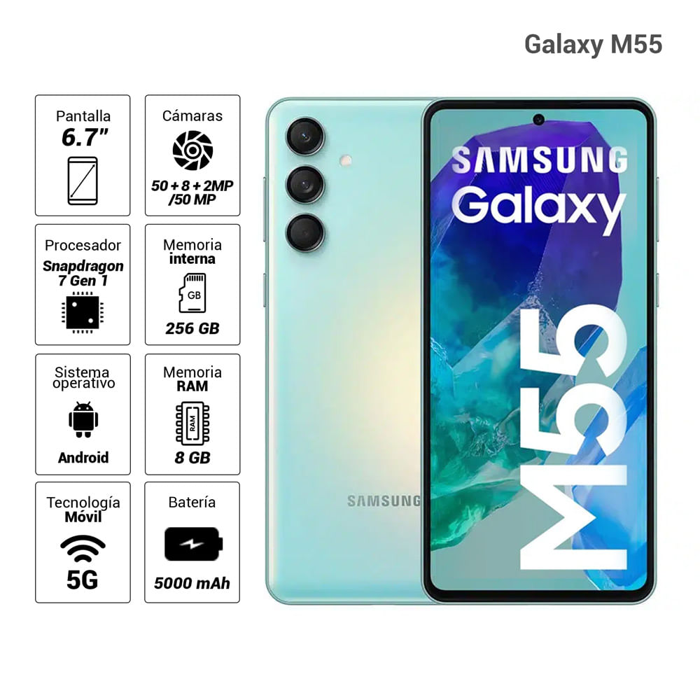 Celular Samsung Galaxy M55 5G 256GB, Dual SIM, 8GB RAM, cámara 50+8+2MP, frontal 50MP, verde claro