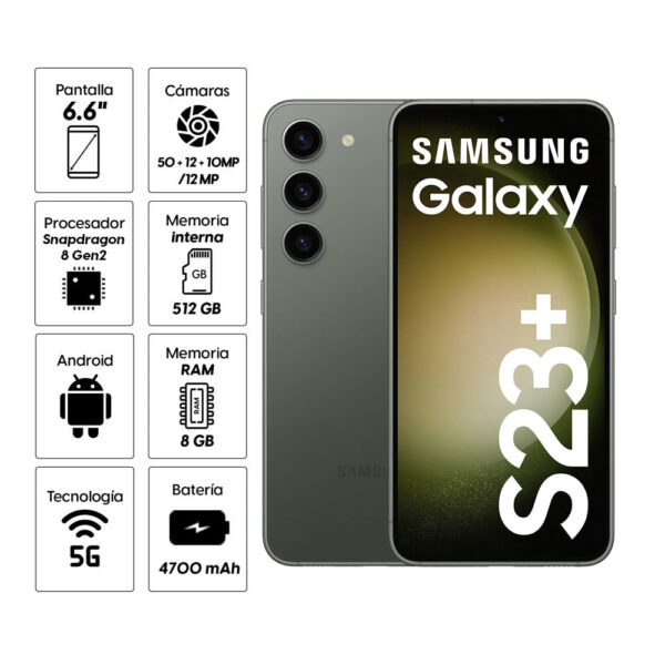 Celular Samsung Galaxy S23 Plus 5G 512GB, 8GB RAM, cámara principal 50MP + 10MP + 12MP, frontal 12MP, 6.6", verde