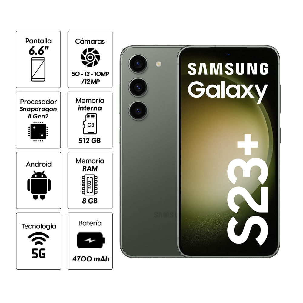 Celular Samsung Galaxy S23 Plus 5G 512GB, 8GB RAM, cámara principal 50MP + 10MP + 12MP, frontal 12MP, 6.6", verde