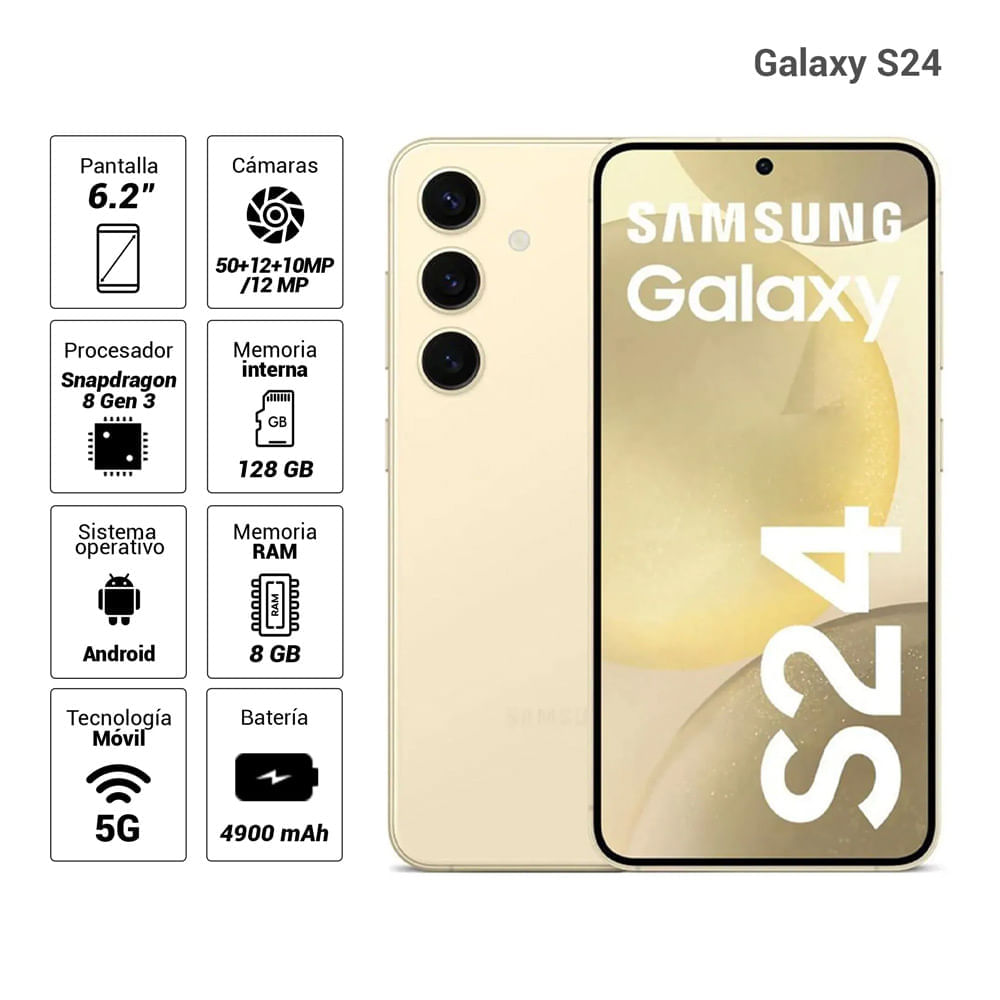 Celular Samsung Galaxy S24 5G 128GB, 8GB RAM, cámara principal 50MP + 12MP + 10MP, frontal 12MP, 6.2", amarillo