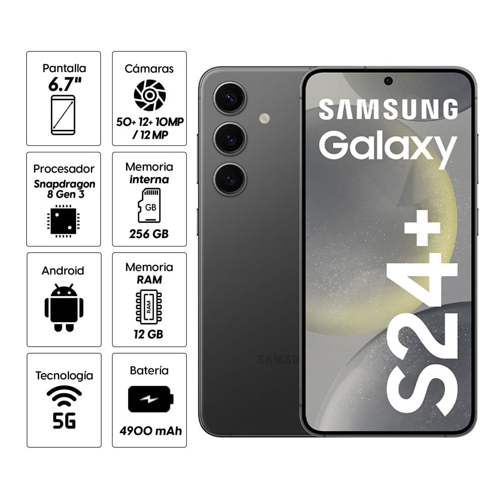 Celular Samsung Galaxy S24 Plus 5G 256GB, 12GB RAM, cámara principal 50MP + 12MP + 10MP, frontal 12MP, 6.7", negro