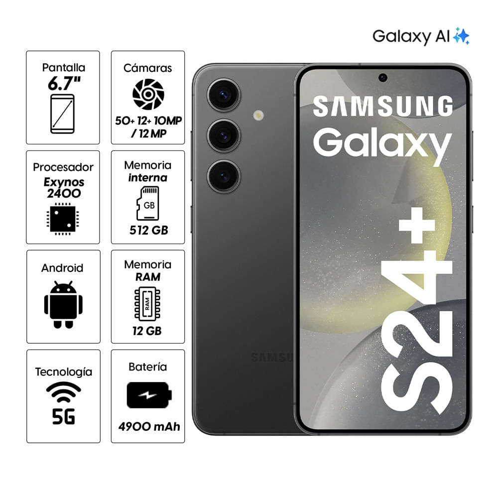 Celular Samsung Galaxy S24 Plus 5G 512GB, 12GB RAM, cámara principal 50MP + 12MP + 10MP, frontal 12MP, 6.7", negro