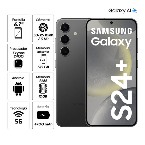 Celular Samsung Galaxy S24 Plus 5G 512GB, 12GB RAM, cámara principal 50MP + 12MP + 10MP, frontal 12MP, 6.7", negro