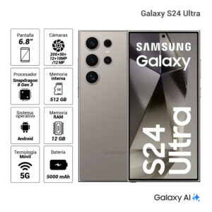 Celular Samsung Galaxy S24 Ultra 5G, 12GB RAM, 1TB, cámara principal 200MP+50MP+12MP+10MP, frontal 12MP, 6.8", gris titanio