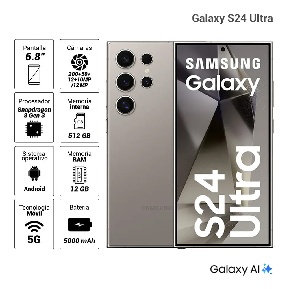 Celular Samsung Galaxy S24 Ultra 5G, 12GB RAM, 1TB, cámara principal 200MP+50MP+12MP+10MP, frontal 12MP, 6.8", gris titanio