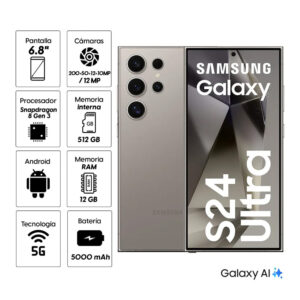 Celular Samsung Galaxy S24 Ultra 5G 512GB, 12GB RAM, cámara principal 200MP + 12MP + 50MP + 10MP, frontal 12MP, 6.8", gris