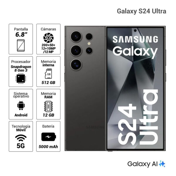 Celular Samsung Galaxy S24 Ultra 5G 512GB, 12GB RAM, cámara principal 200MP + 12MP + 50MP + 10MP, frontal 12MP, 6.8", negro