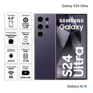 Celular Samsung Galaxy S24 Ultra 5G 512GB, 12GB RAM, cámara principal 200MP+ 50MP + 12MP +10MP, frontal 12MP, 6.8", violeta