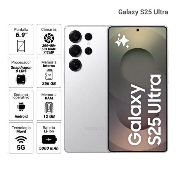 Celular Samsung Galaxy S25 Ultra 5G, 12GB RAM, 256GB, cámara principal 200MP + 10MP + 50MP + 50MP, frontal 12MP, 6.9", Titanium Whitesilver