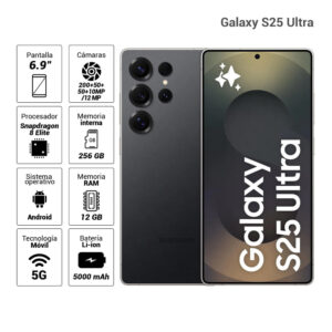 Celular Samsung Galaxy S25 Ultra 5G 256GB, 12GB RAM, cámara principal 200MP+10MP+50MP+50MP, frontal 12MP, 6.9", Titanium Black