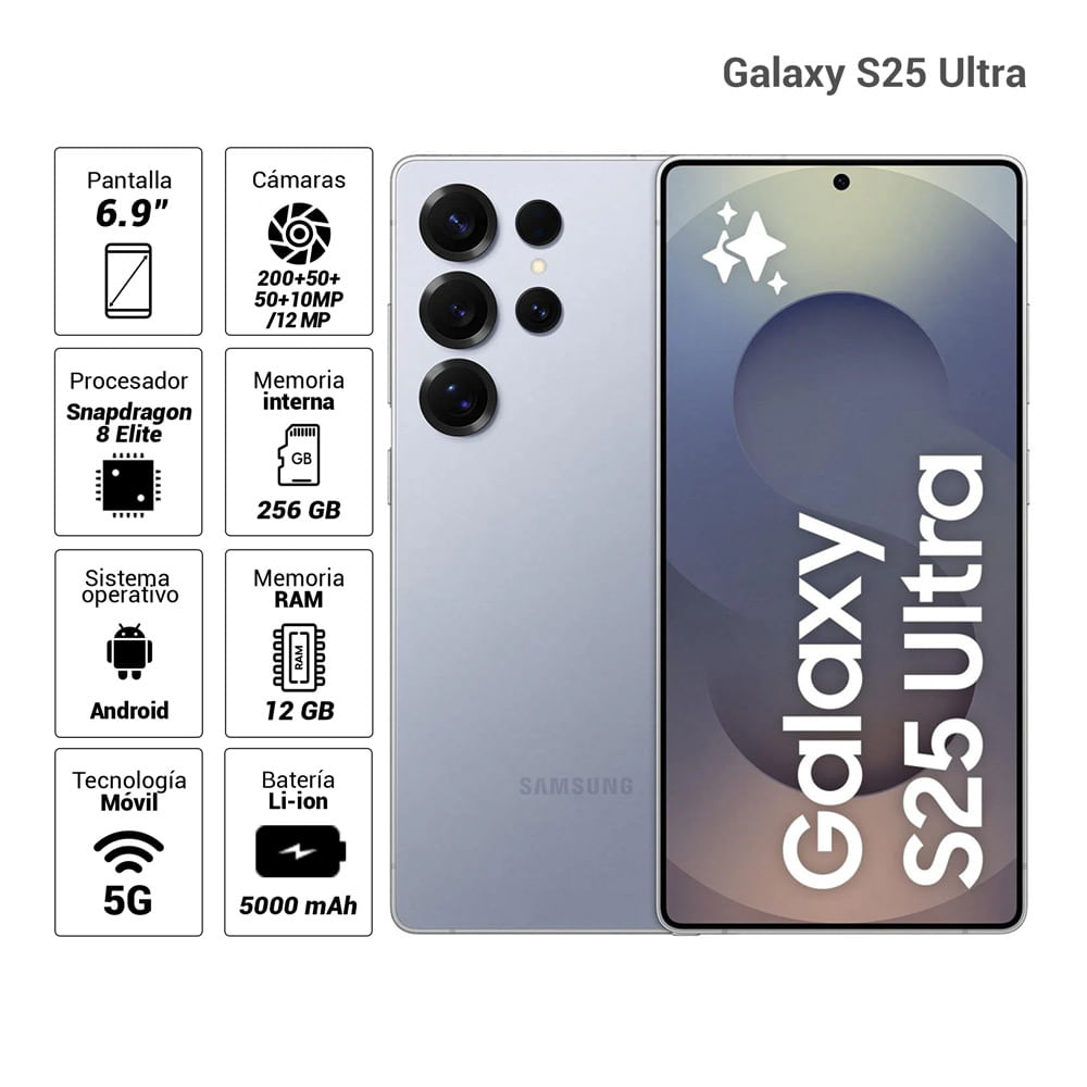Celular Samsung Galaxy S25 Ultra 5G 256GB, 12GB RAM, cámara principal 200MP+10MP+50MP+50MP, frontal 12MP, 6.9", Titanium Silverblue