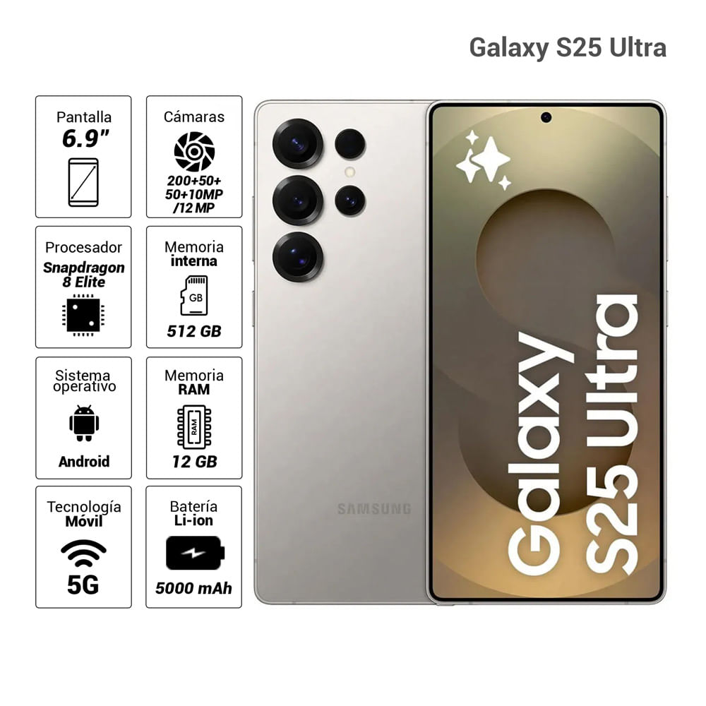 Celular Samsung Galaxy S25 Ultra 5G 512GB, 12GB RAM, cámara principal 200MP+10MP+50MP, frontal 12MP, 6.9", titanium gray