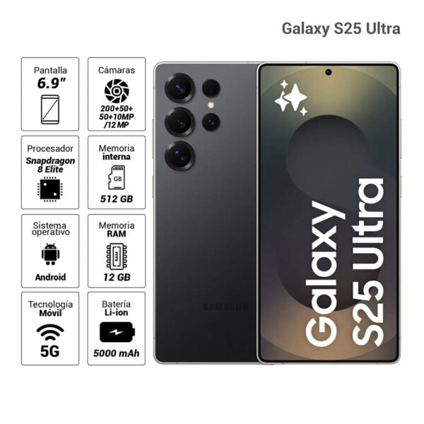 Celular Samsung Galaxy S25 Ultra 5G 512GB, 12GB RAM, cámara principal 200MP + 50MP + 50MP + 10MP, frontal 12MP, 6.9'', Titanium Black