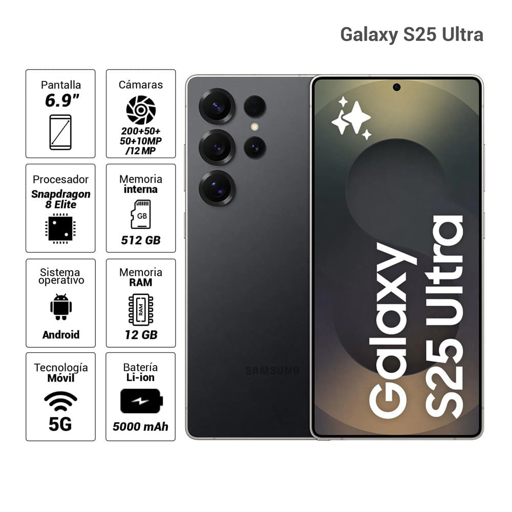 Celular Samsung Galaxy S25 Ultra 5G 512GB, 12GB RAM, cámara principal 200MP + 50MP + 50MP + 10MP, frontal 12MP, 6.9'', Titanium Black