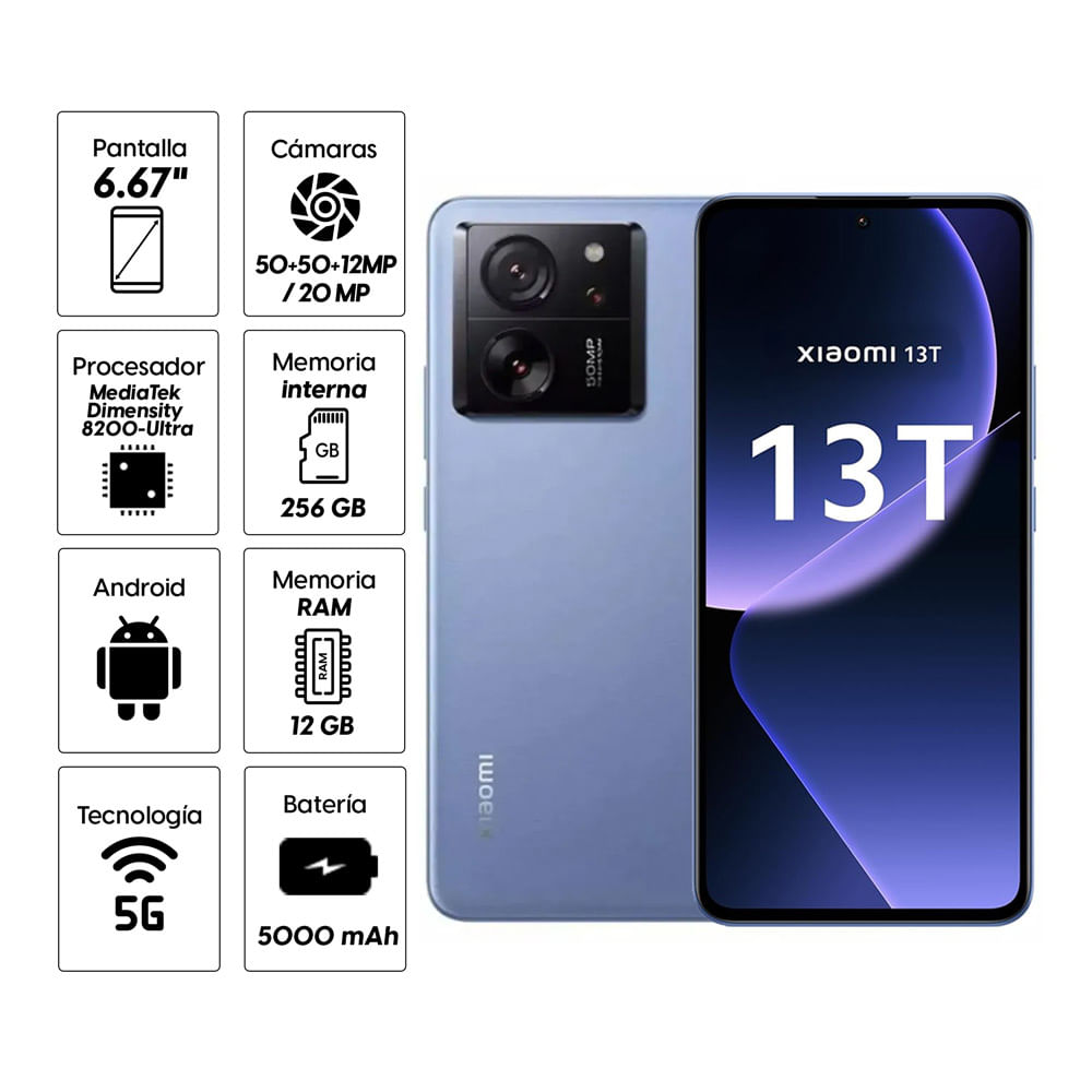 Celular Xiaomi 13T 5G 256GB, 12GB RAM, cámara principal 50MP + 50MP + 12MP, frontal 20MP, 6.67", azul
