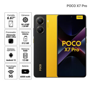 Celular Xiaomi Poco X7 Pro 5G 512GB, 12GB RAM, cámara principal 50MP+8MP, frontal 20MP, 6.67", amarillo