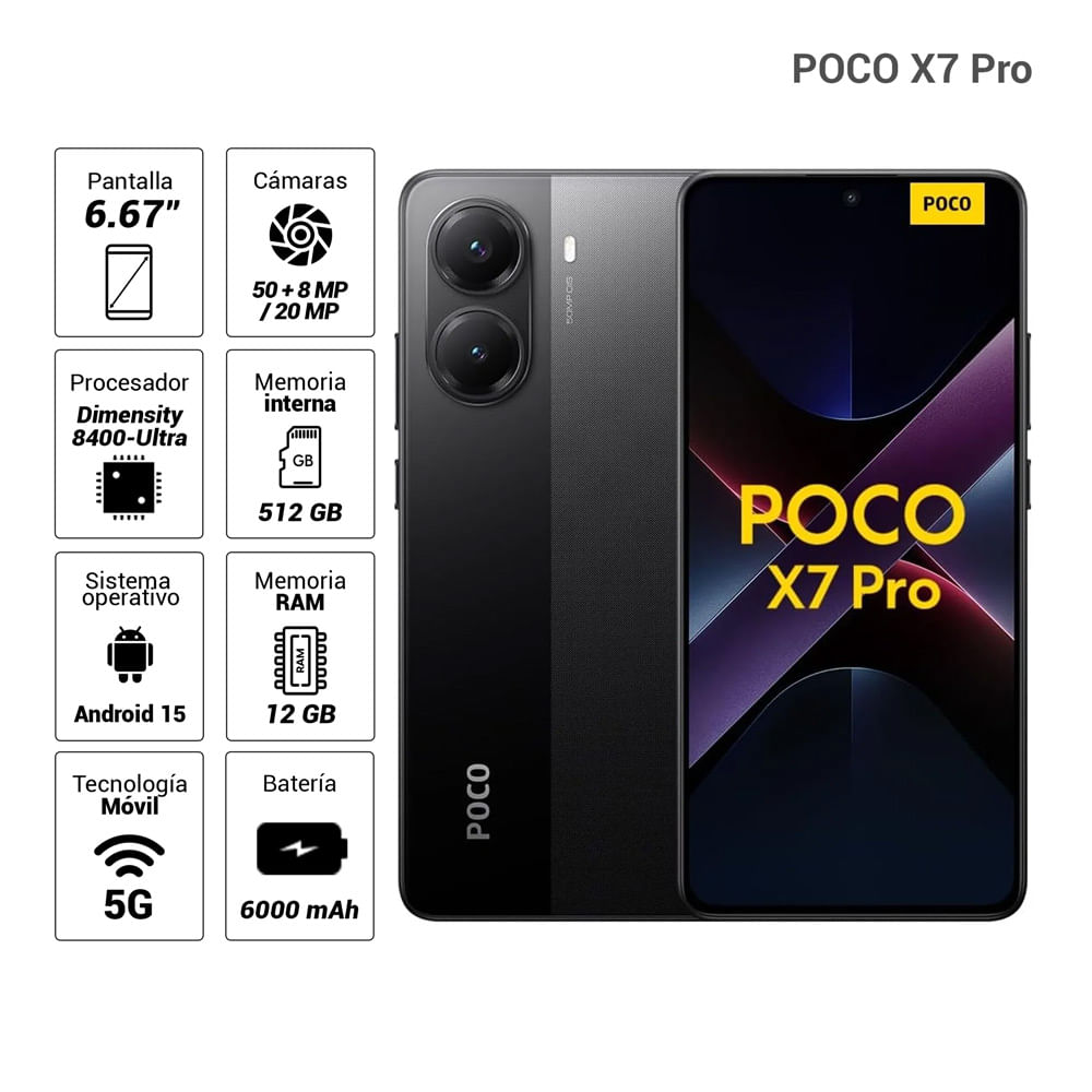 Celular Xiaomi POCO X7 Pro 5G 512GB, 12GB RAM, cámara principal 50MP + 8MP, frontal 20MP, 6.67", negro