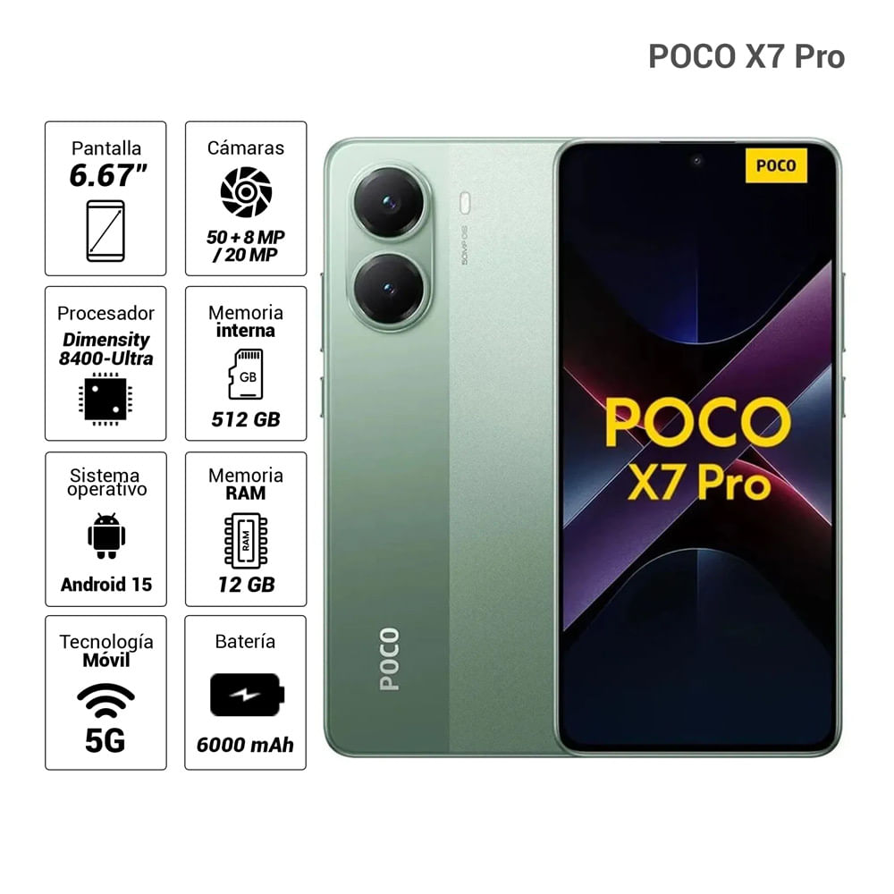 Celular Xiaomi POCO X7 Pro 5G 512GB, 12GB RAM, cámara principal 50MP + 8MP, frontal 20MP, 6.67", verde