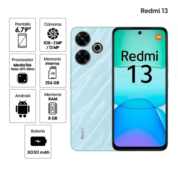 Celular Xiaomi Redmi 13 256GB, 8GB RAM, cámara principal 108MP + 2MP, frontal 13MP, 6.79", azul