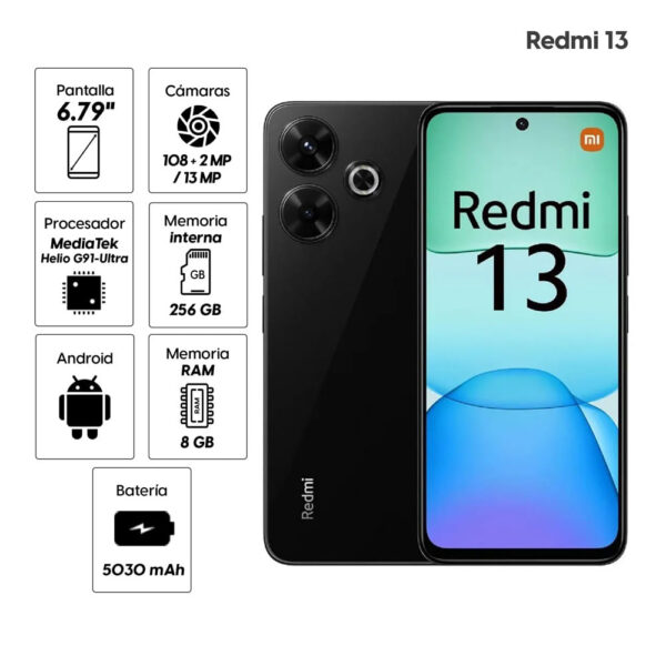 Celular Xiaomi Redmi 13 256GB, 8GB RAM, cámara principal 108MP + 2MP, frontal 13MP, 6.79", negro