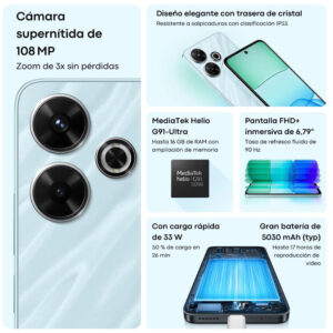 Celular Xiaomi Redmi 13 EU, 6.79", 128GB" 6GB RAM, cámara principal 108MP, frontal 2MP, azul