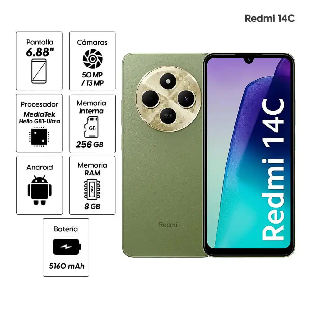 Celular Xiaomi Redmi 14C 4G 256GB, 8GB RAM, cámara principal 50MP+50MP+2MP, frontal 13MP, 6.88", verde