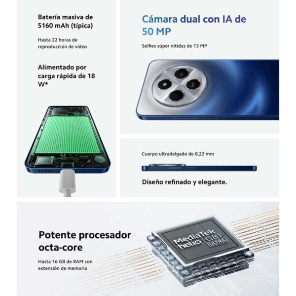 Celular Xiaomi Redmi 14C 4G, 8GB RAM, 256GB, cámara principal 50MP+50MP+2MP, frontal 13MP, 6.88", azul