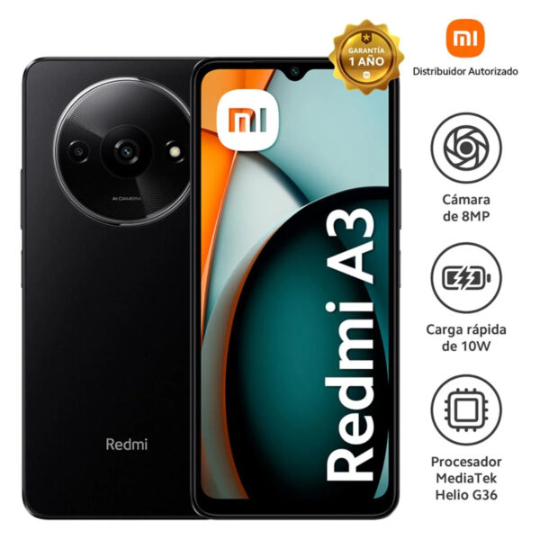 Celular Xiaomi Redmi A3 4G, Dual SIM, 3GB RAM, 64GB, cámara principal 8MP, cámara frontal 5MP, negro