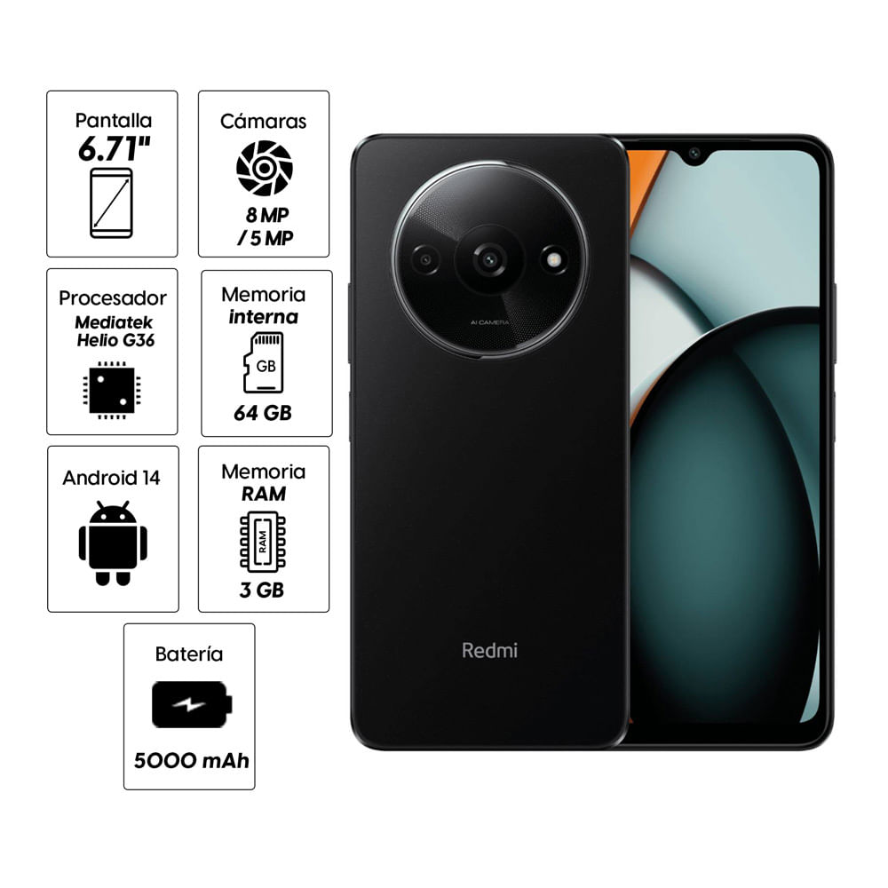 Celular Xiaomi Redmi A3 64GB, 3GB RAM, cámara principal 8MP + 0.08MP, frontal 5MP, 6.71", negro