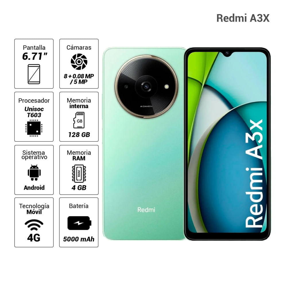 Celular Xiaomi Redmi A3X 4G 128GB, 4GB RAM, cámara 8MP, frontal 5MP, verde aurora