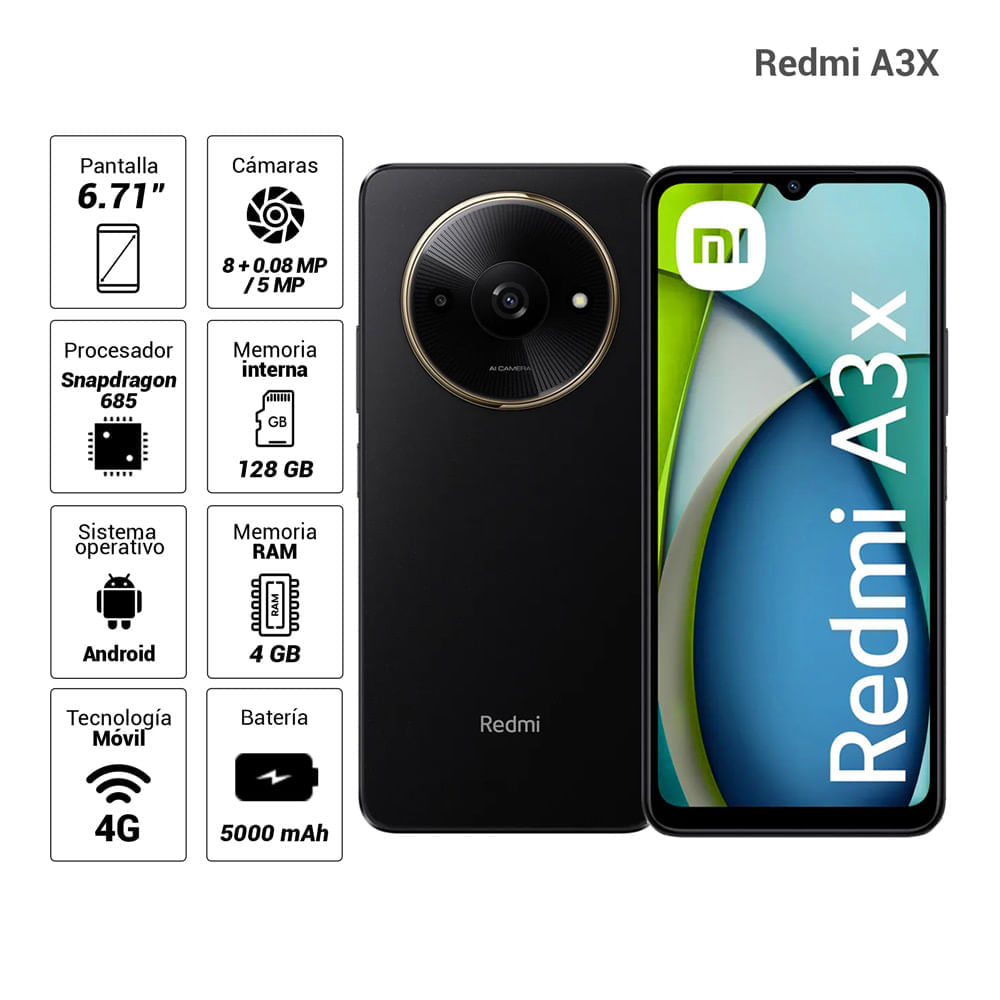 Celular Xiaomi Redmi A3X 4G 128GB, 4GB RAM, cámara principal 8MP, frontal 5MP, 6.71", negro