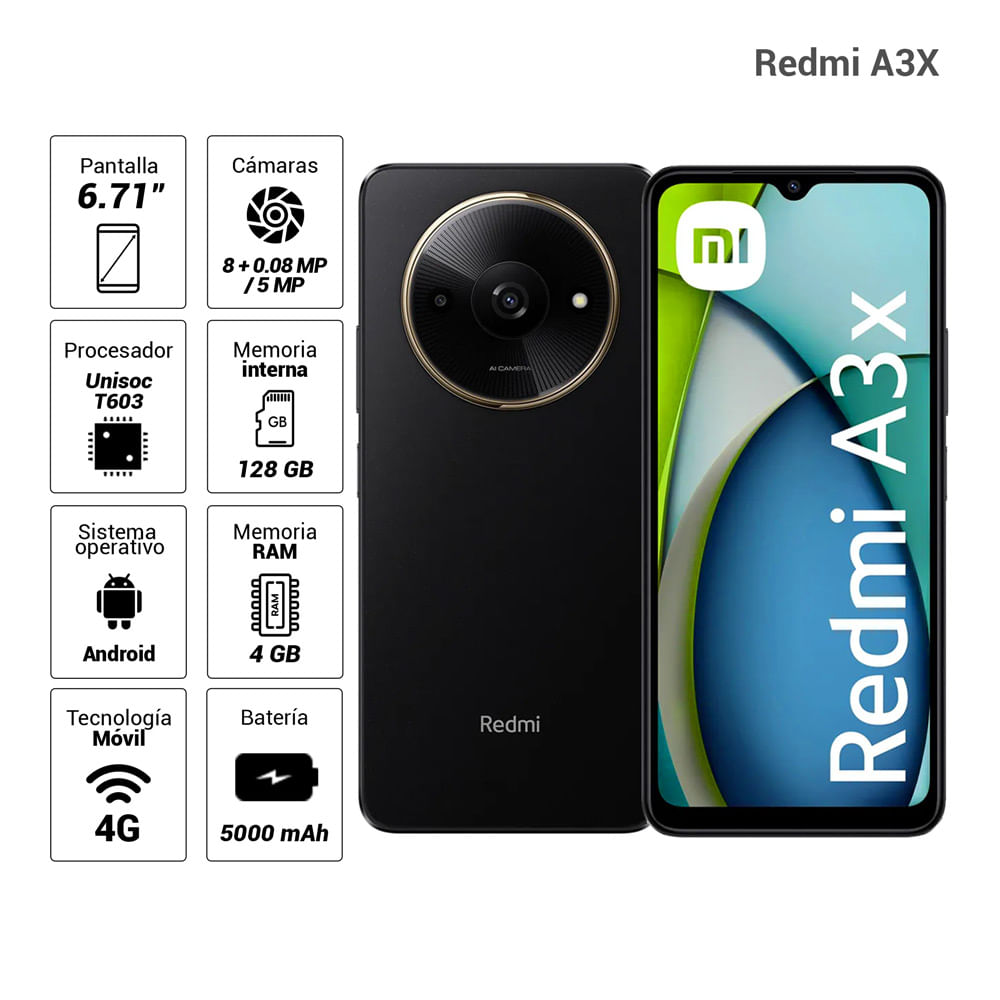 Celular Xiaomi Redmi A3X 4G 128GB, 4GB RAM, cámara principal 8MP, frontal 5MP, 6.71", negro