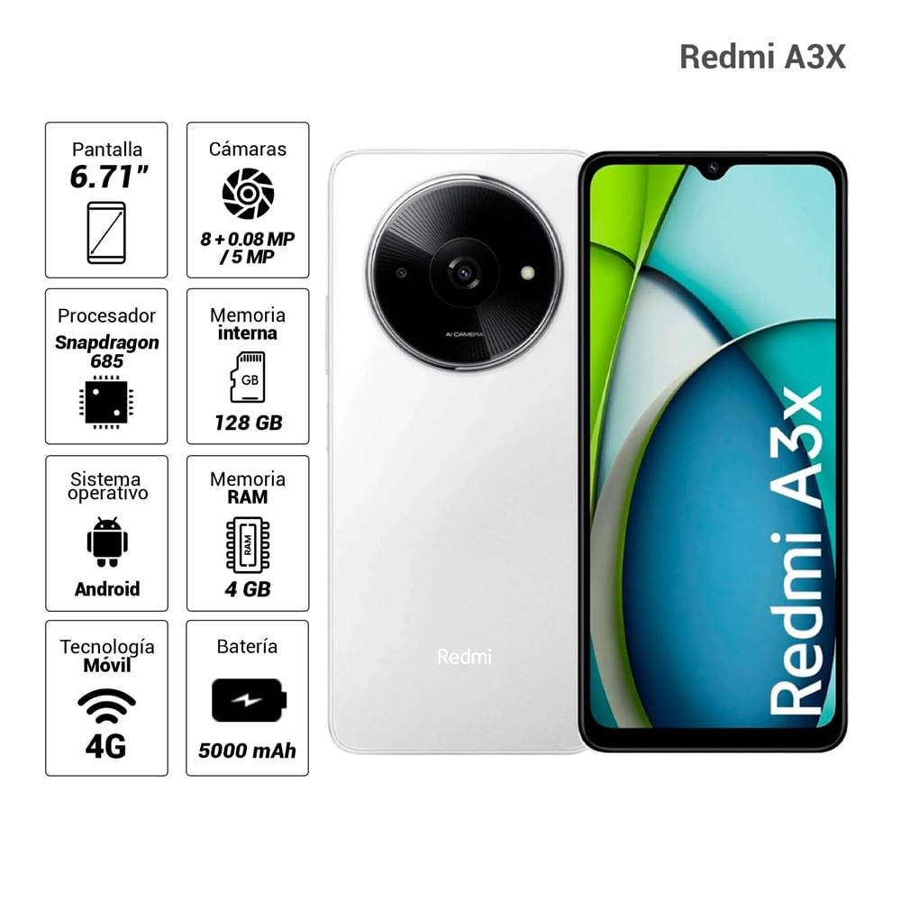 Celular Xiaomi Redmi A3X 4G 128GB, 4GB RAM, Snapdragon 685, cámara principal 48MP, cámara frontal 5MP, 6.71", blanco