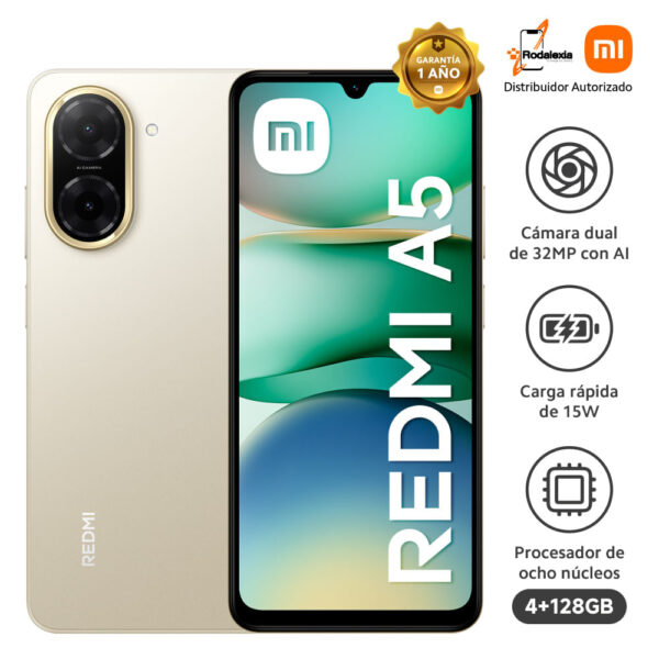 Celular Xiaomi Redmi A5 4G 128GB, 4GB RAM, cámara principal 32 MP, cámara frontal 8MP, 6.88", sandy gold
