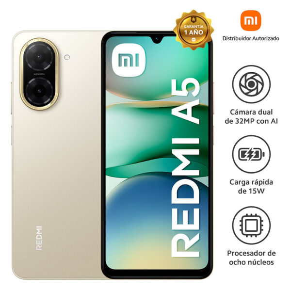 Celular Xiaomi Redmi A5 4G 128GB, 4GB RAM, cámara principal 32MP, frontal 8MP, 6.88'', dorado