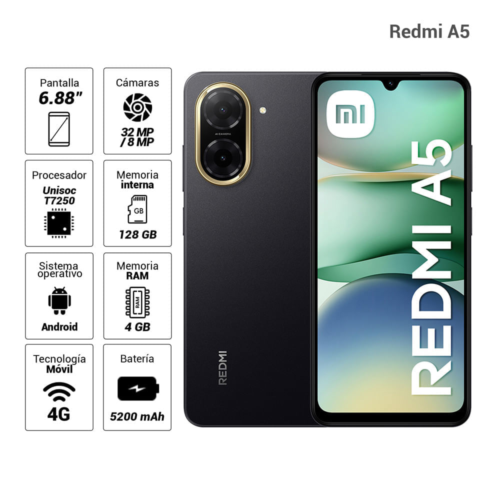 Celular Xiaomi Redmi A5 4G 128GB, 4GB RAM, cámara principal 32MP, frontal 8MP, 6.88", negro